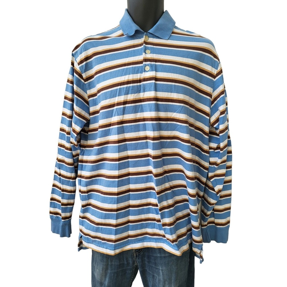 VTG Finish Line‎ FNL365 Men XL Long Sleeve Polo Shirt Blue Striped Rugby Preppy